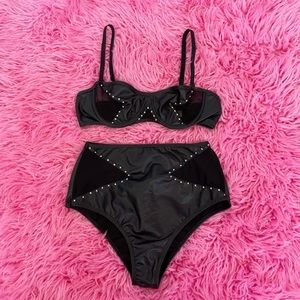 black faux leather two piece lingerie set rave outfit dollskill medium